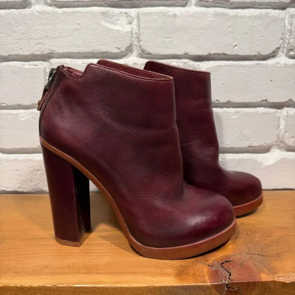 Dolce Vita Burgundy Leather Ankle Boots Chunky 70s Platform Block Heel Size 9.5